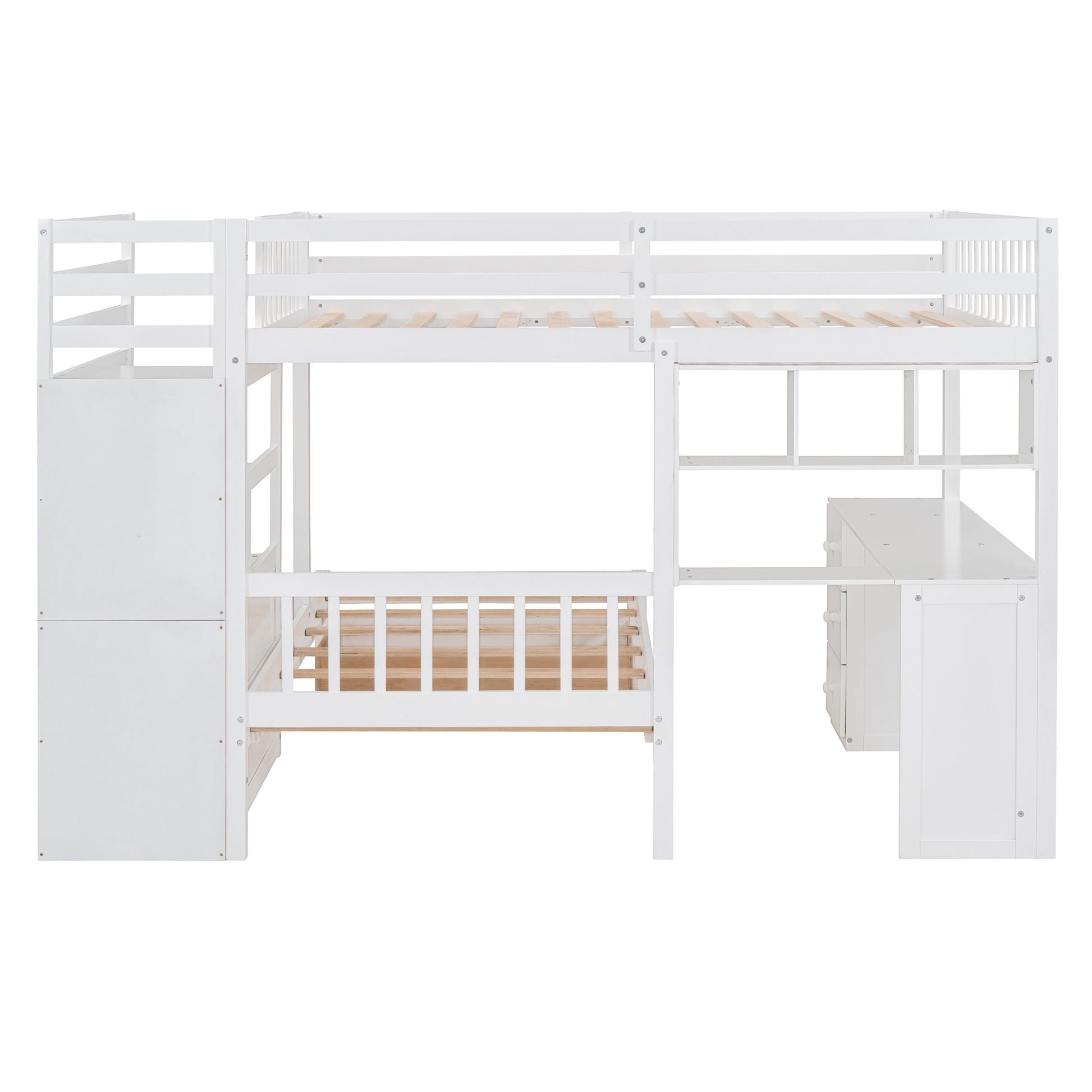 White wooden bunk bed with stairs and desk