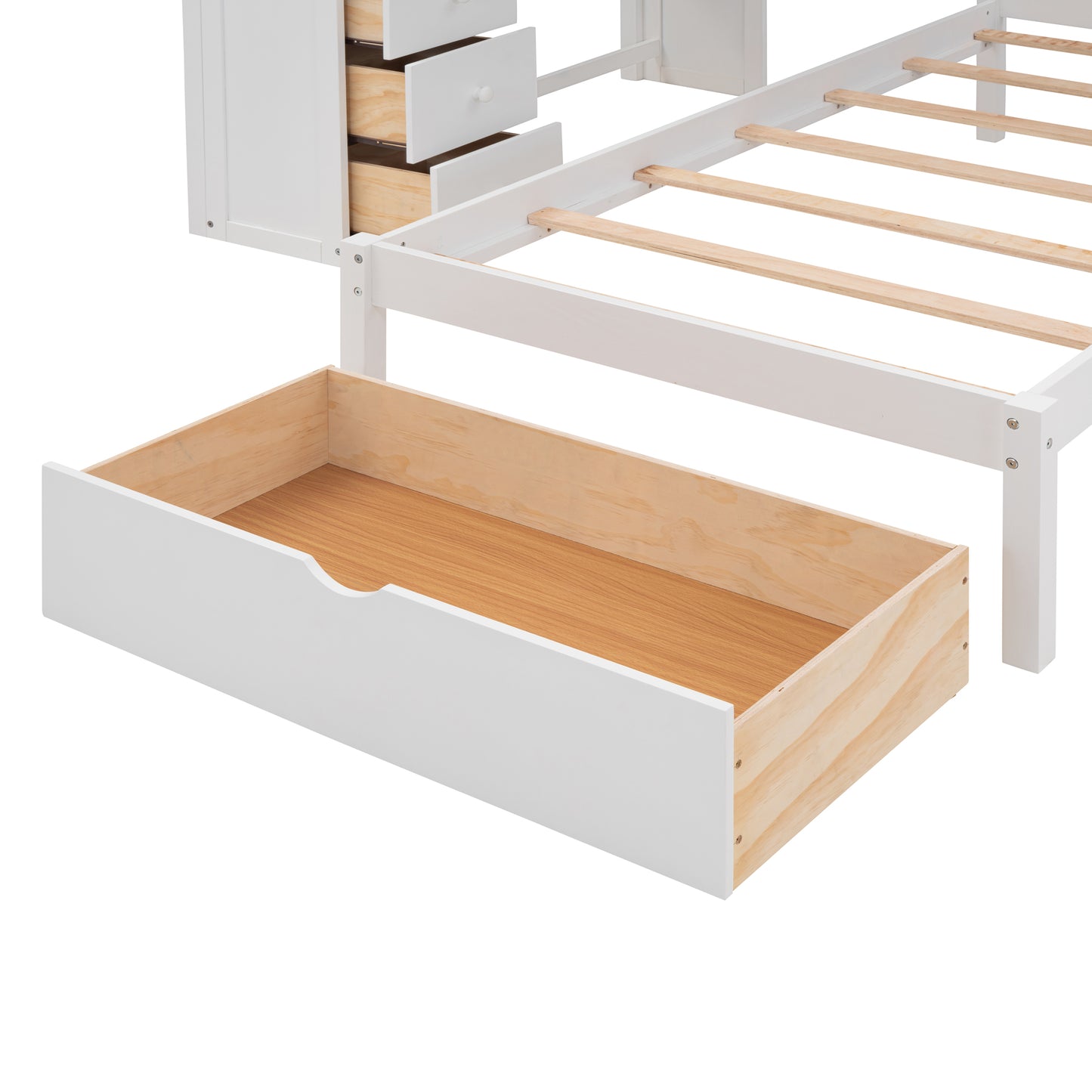 White wooden bed frame with an open storage drawer revealing pine interior