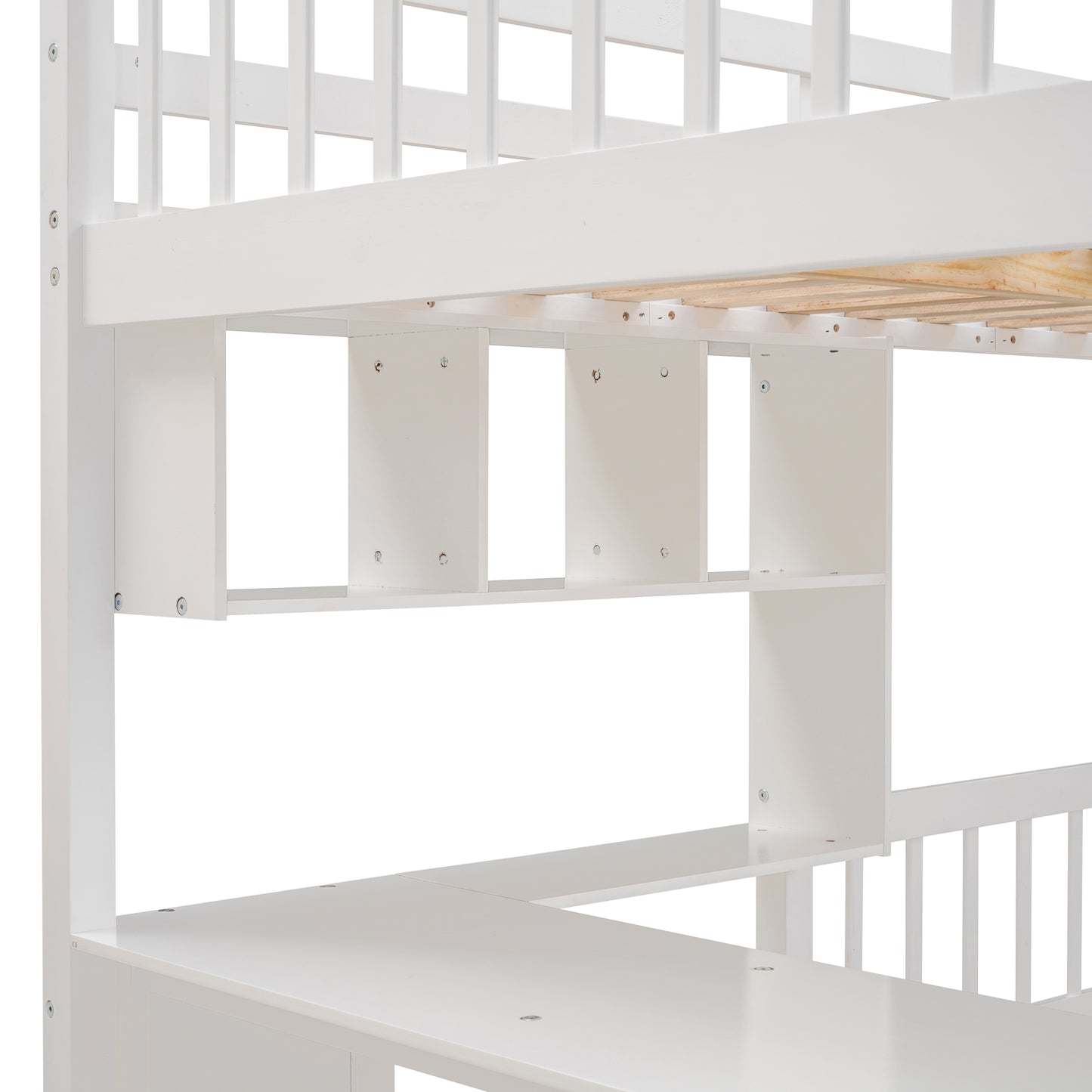White bunk bed frame with builtin shelves