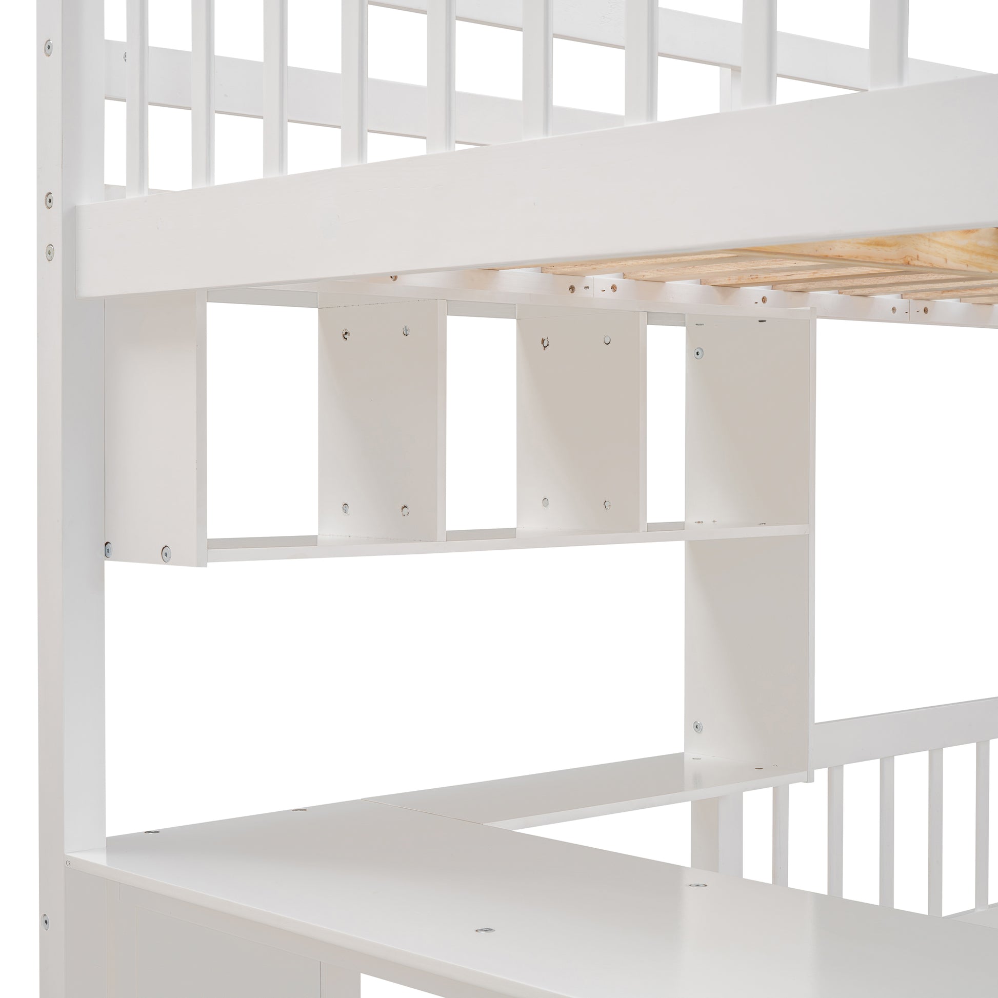 White bunk bed frame with builtin shelves