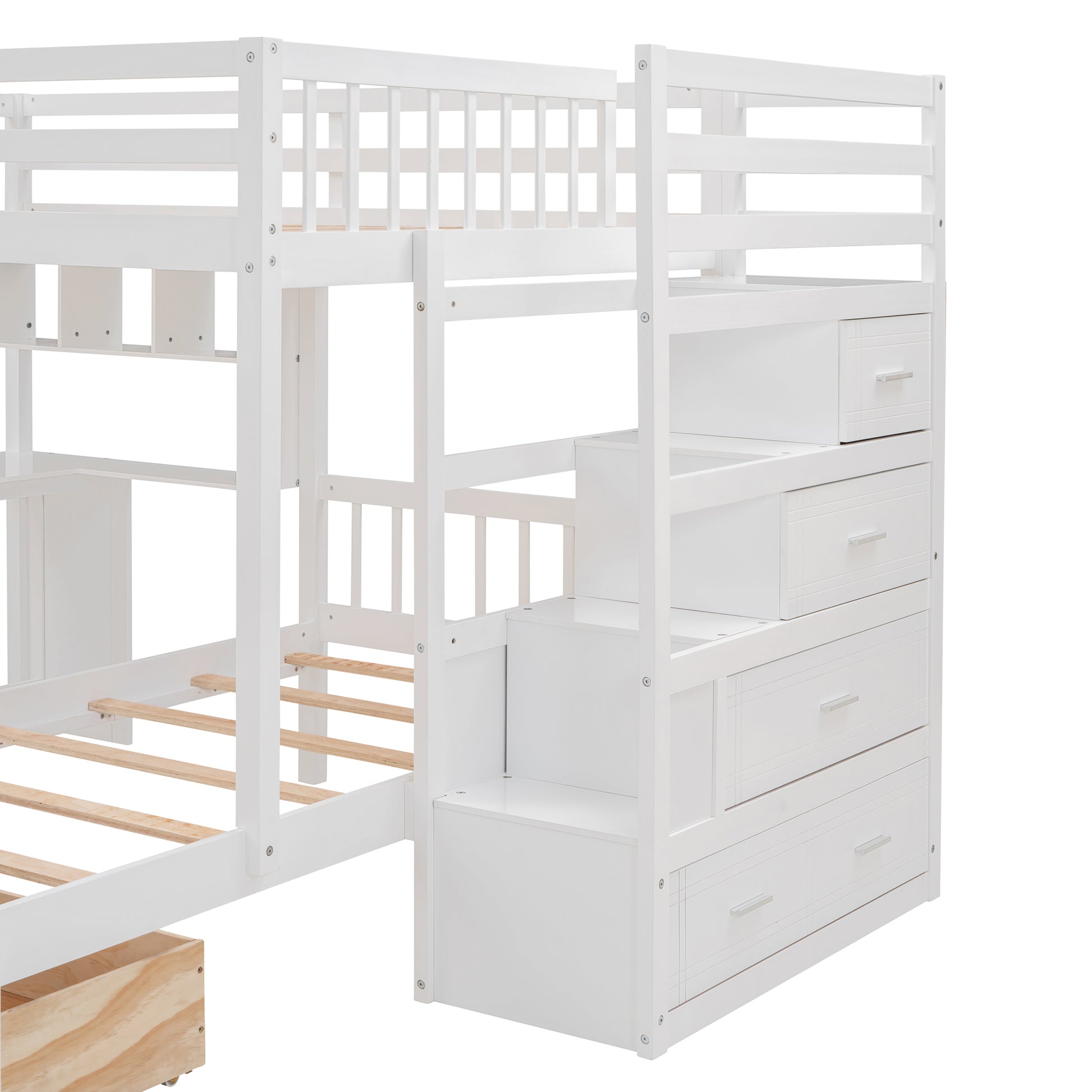 White twin over twin bunk bed with staircase and drawers for kids