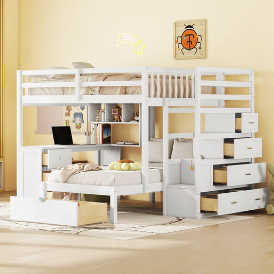 White wooden bunk bed with integrated desk and storage drawers