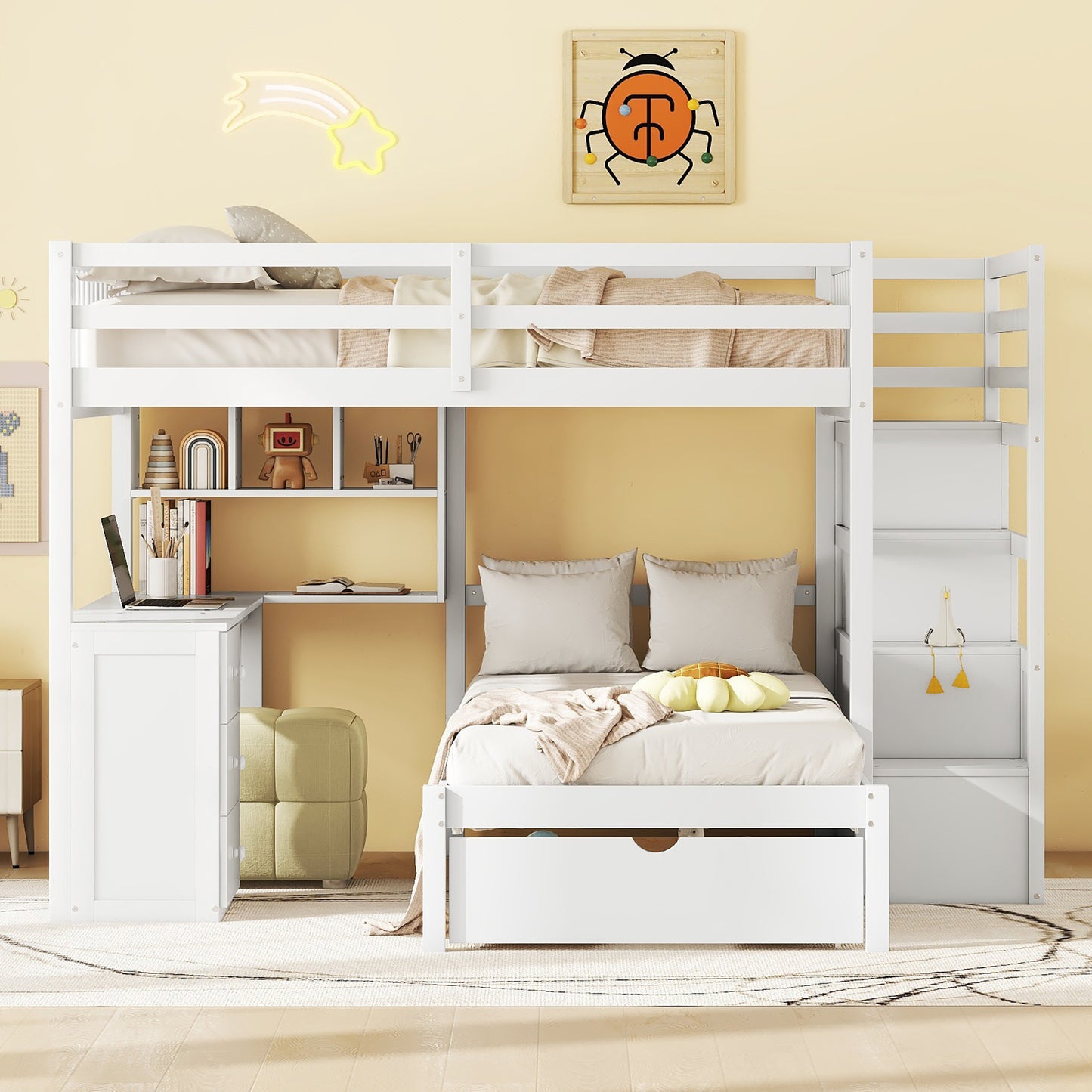 White bunk bed with integrated desk and storage