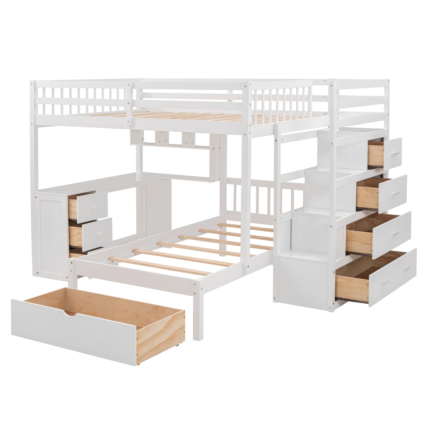White wooden bunk bed with stairs and desk