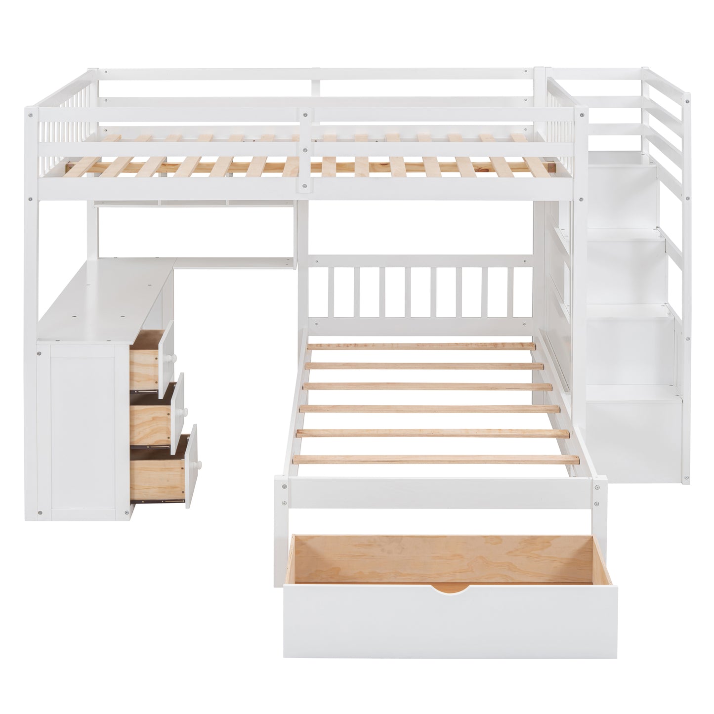 White Lshaped bunk bed with ladder and drawers