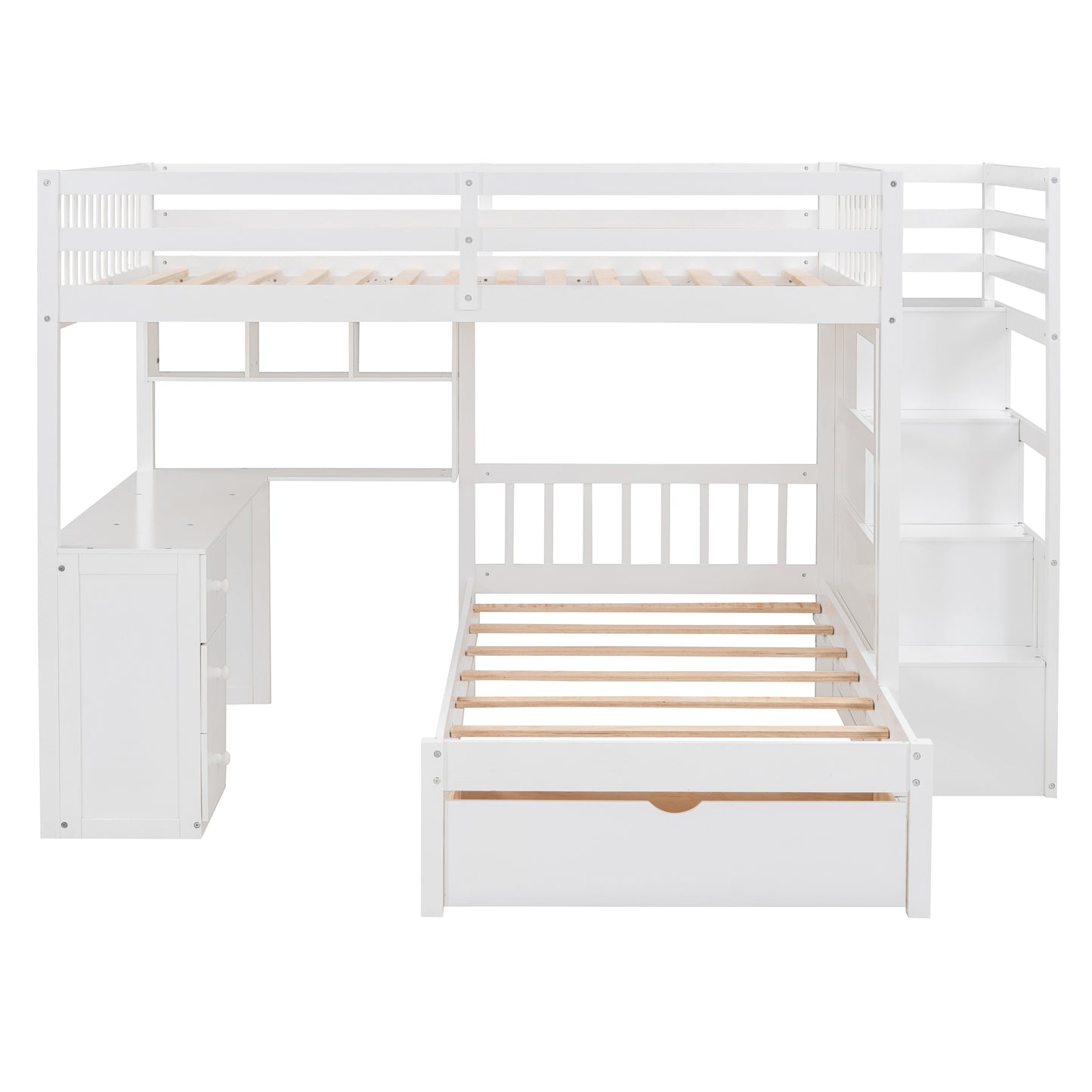 White twin over twin bunk bed with stairs and desk