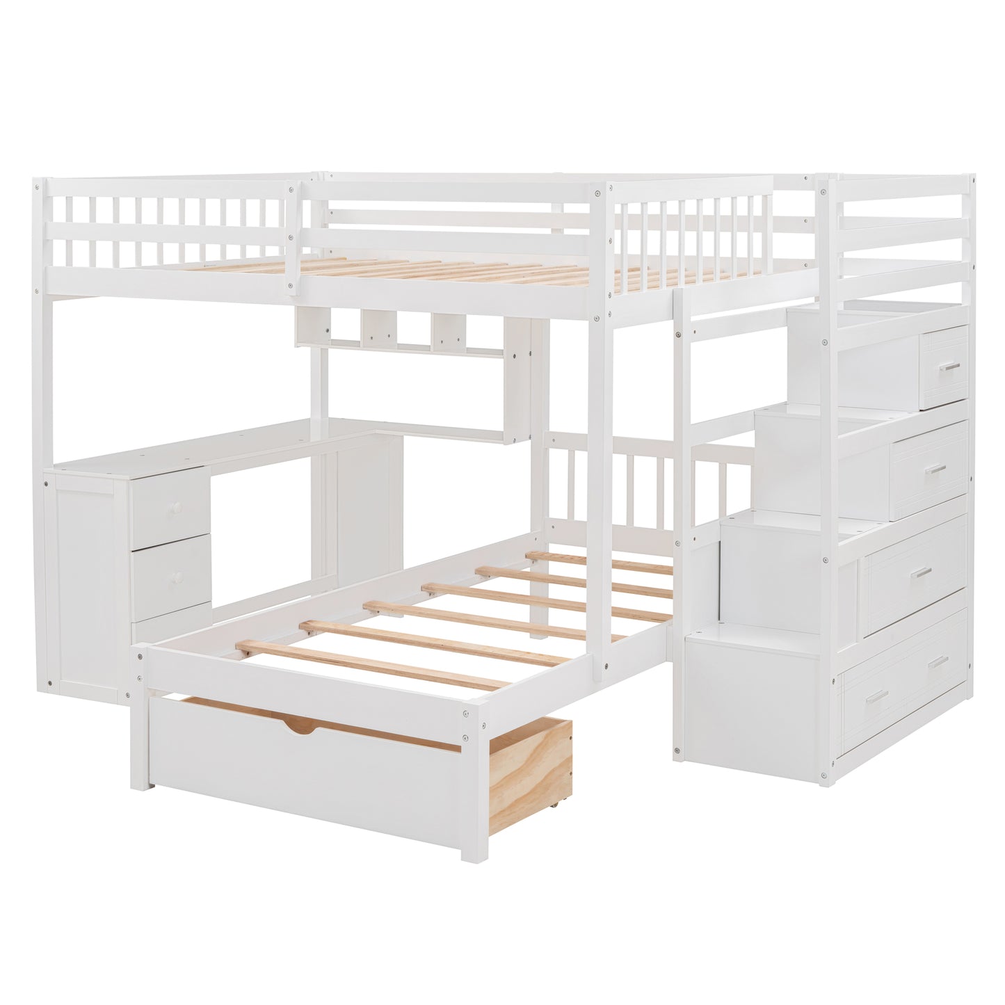 White twin over twin bunk bed with integrated desk and stairs