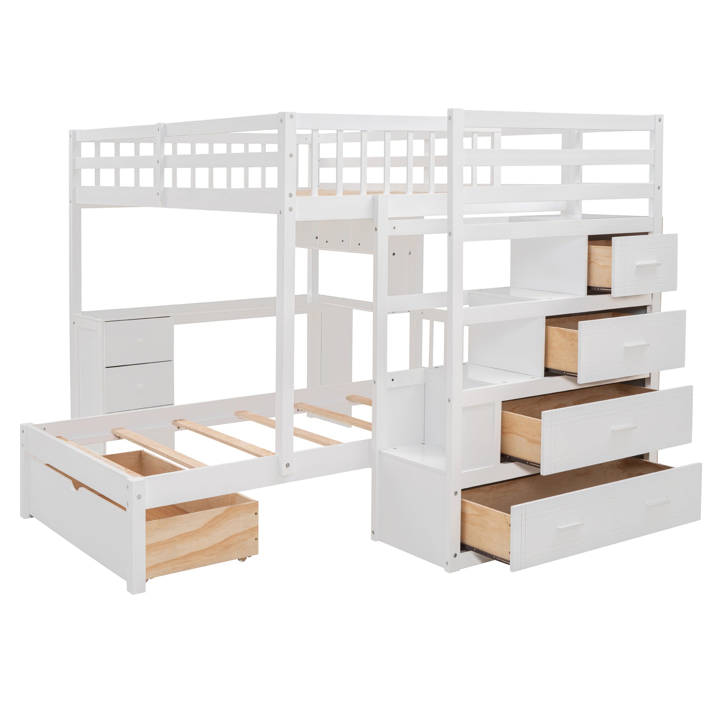 White wooden triple bunk bed with stairs and integrated desk