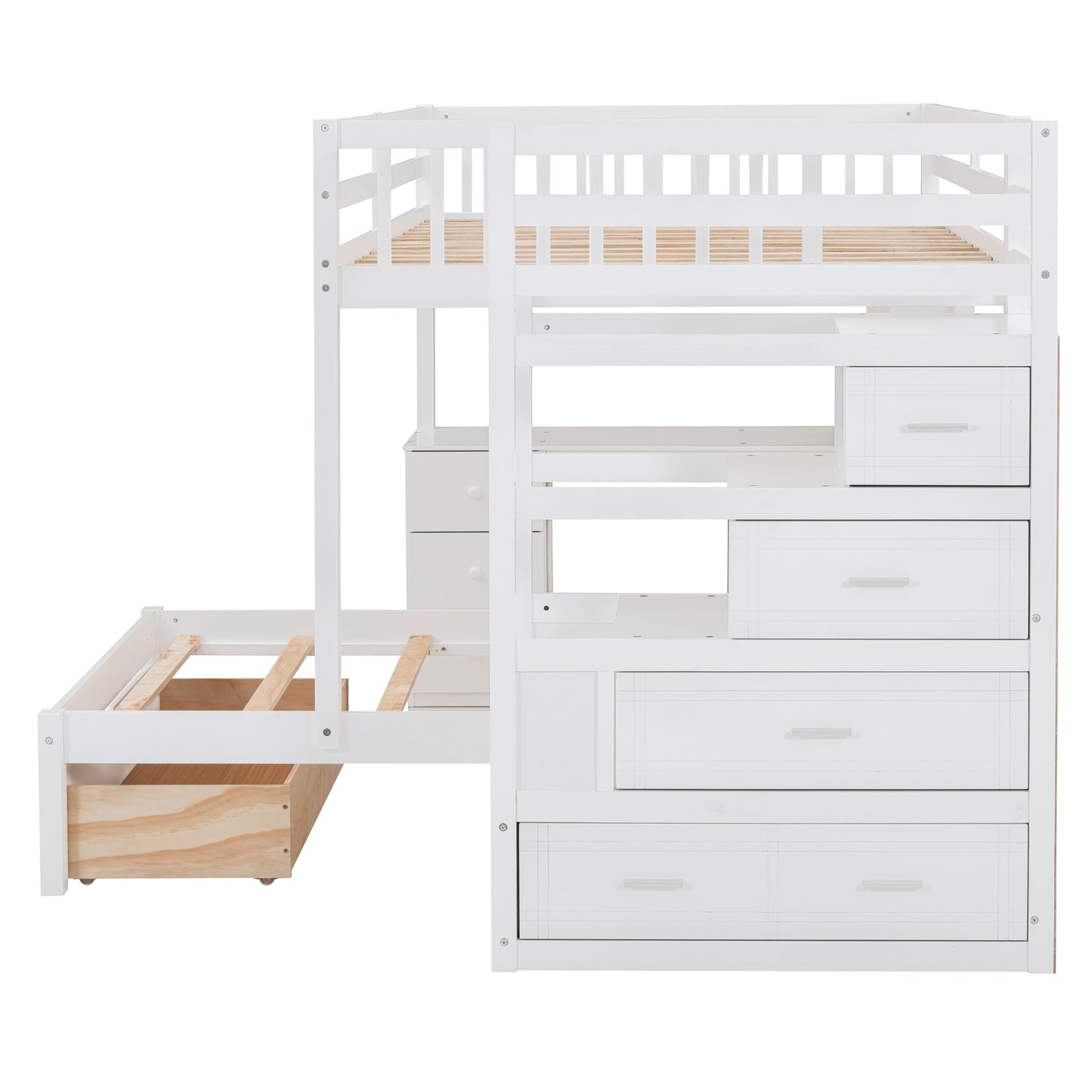 White bunk bed with integrated drawers and pullout trundle