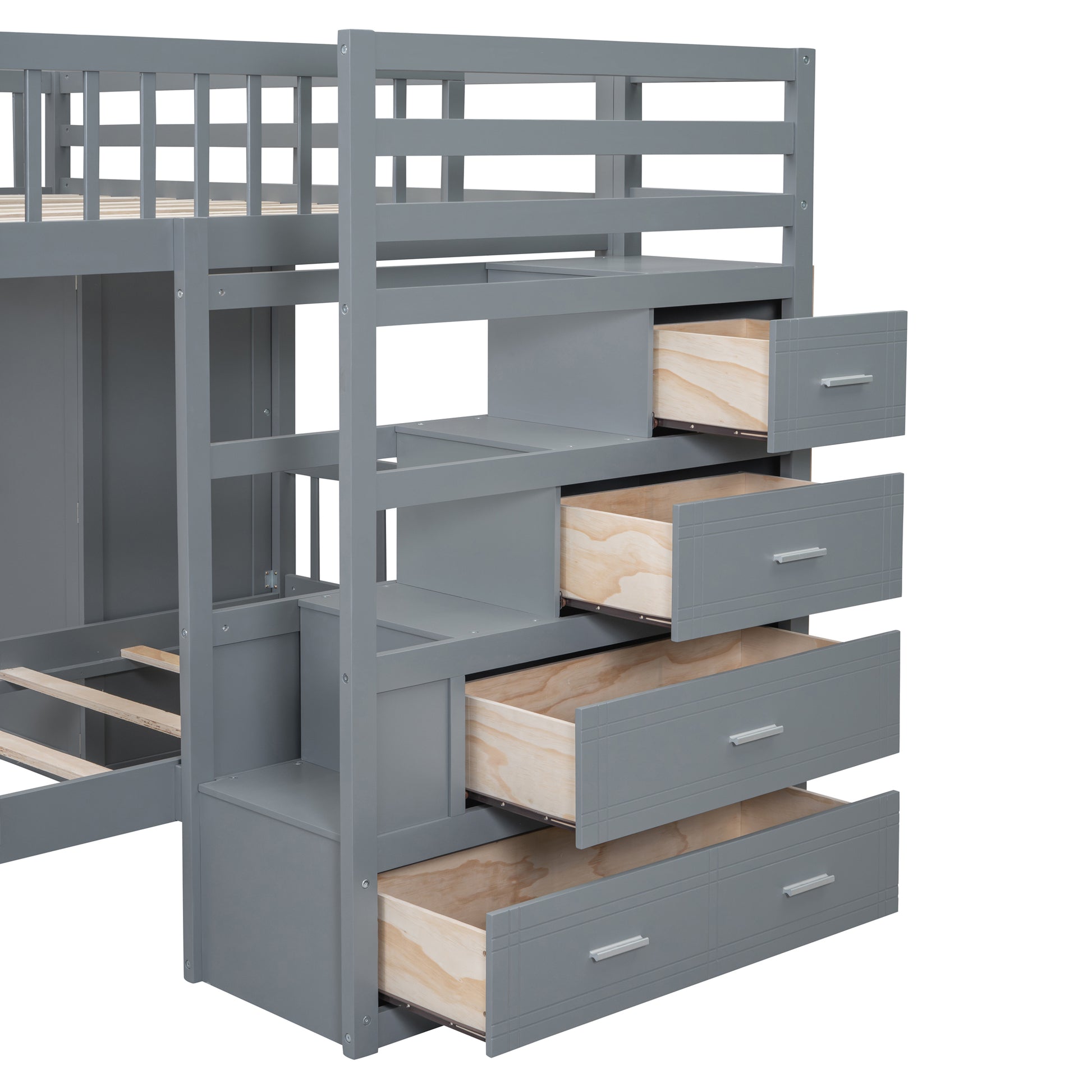 Gray loft bed with stairs and drawers