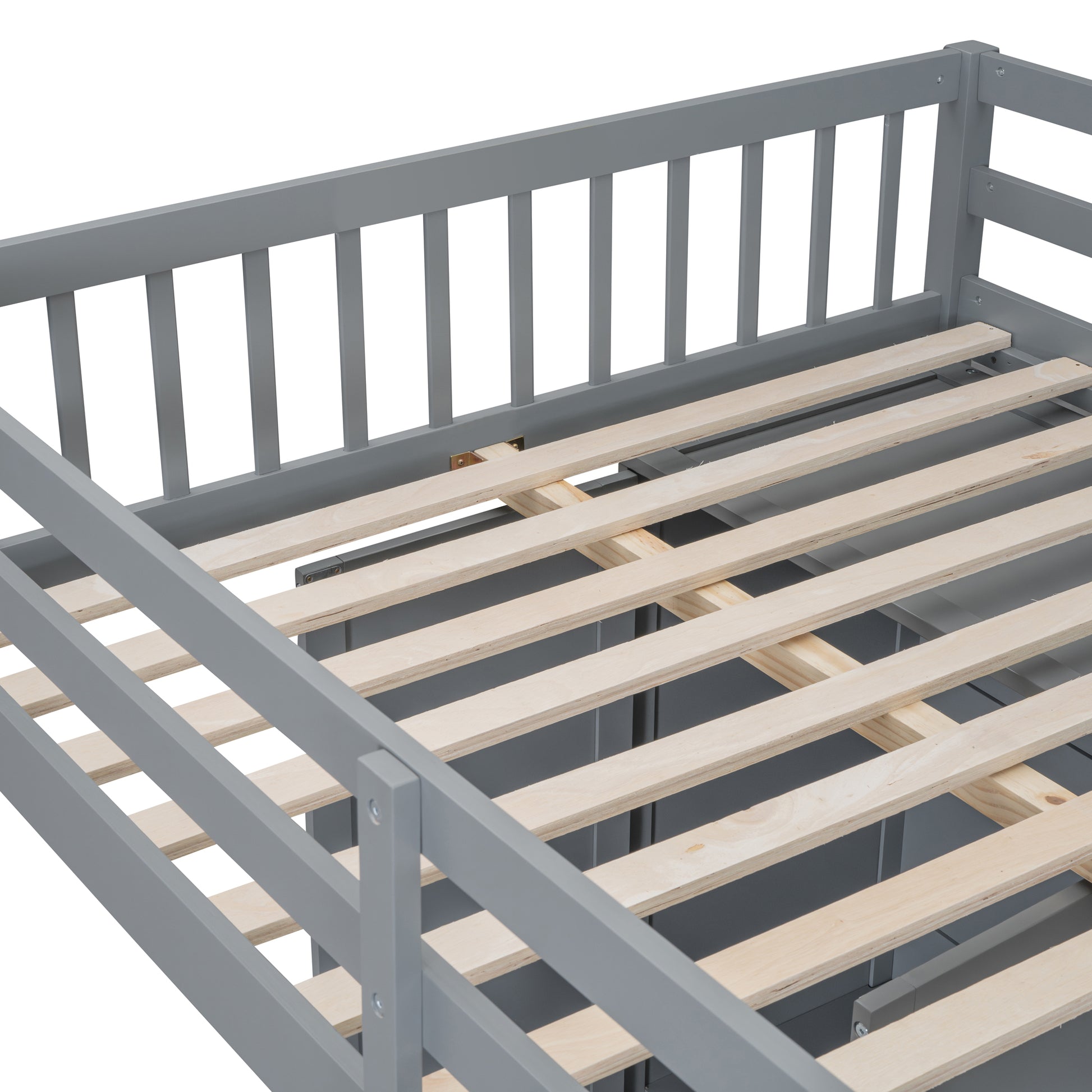 Gray wooden daybed frame showing slatted mattress support and side rails