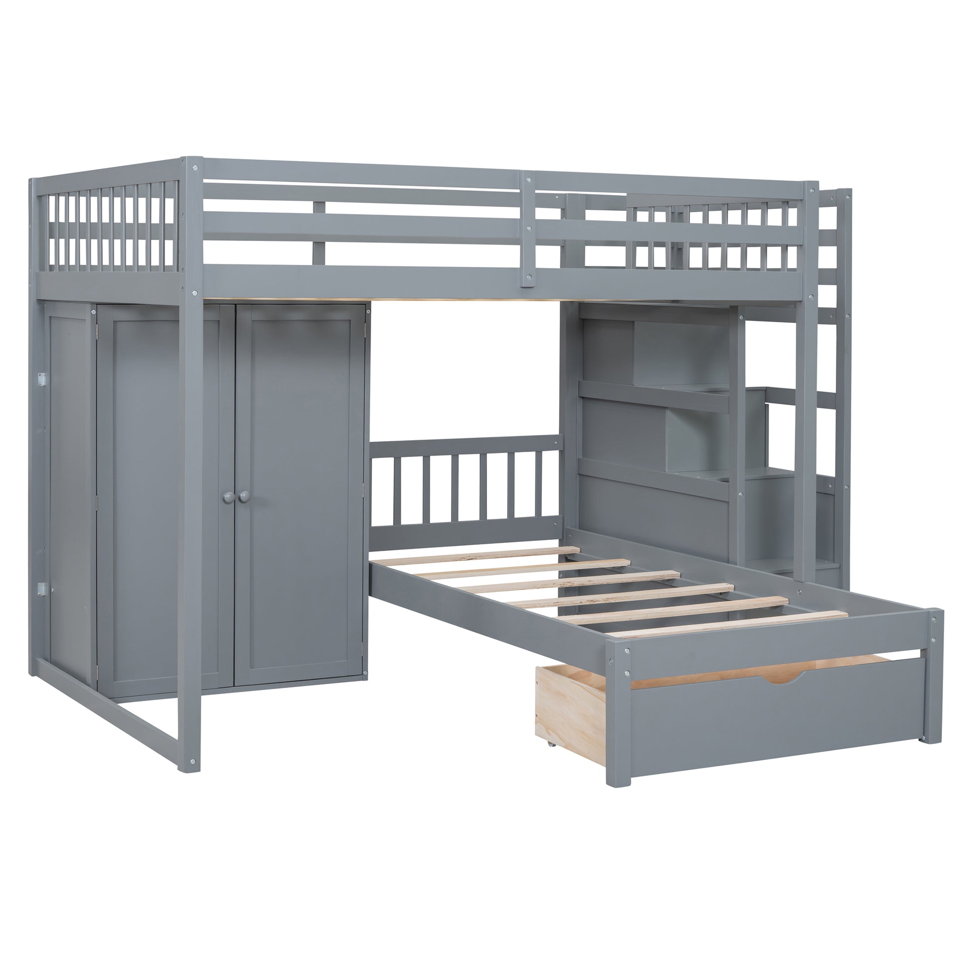Gray loft bed with integrated wardrobe and desk