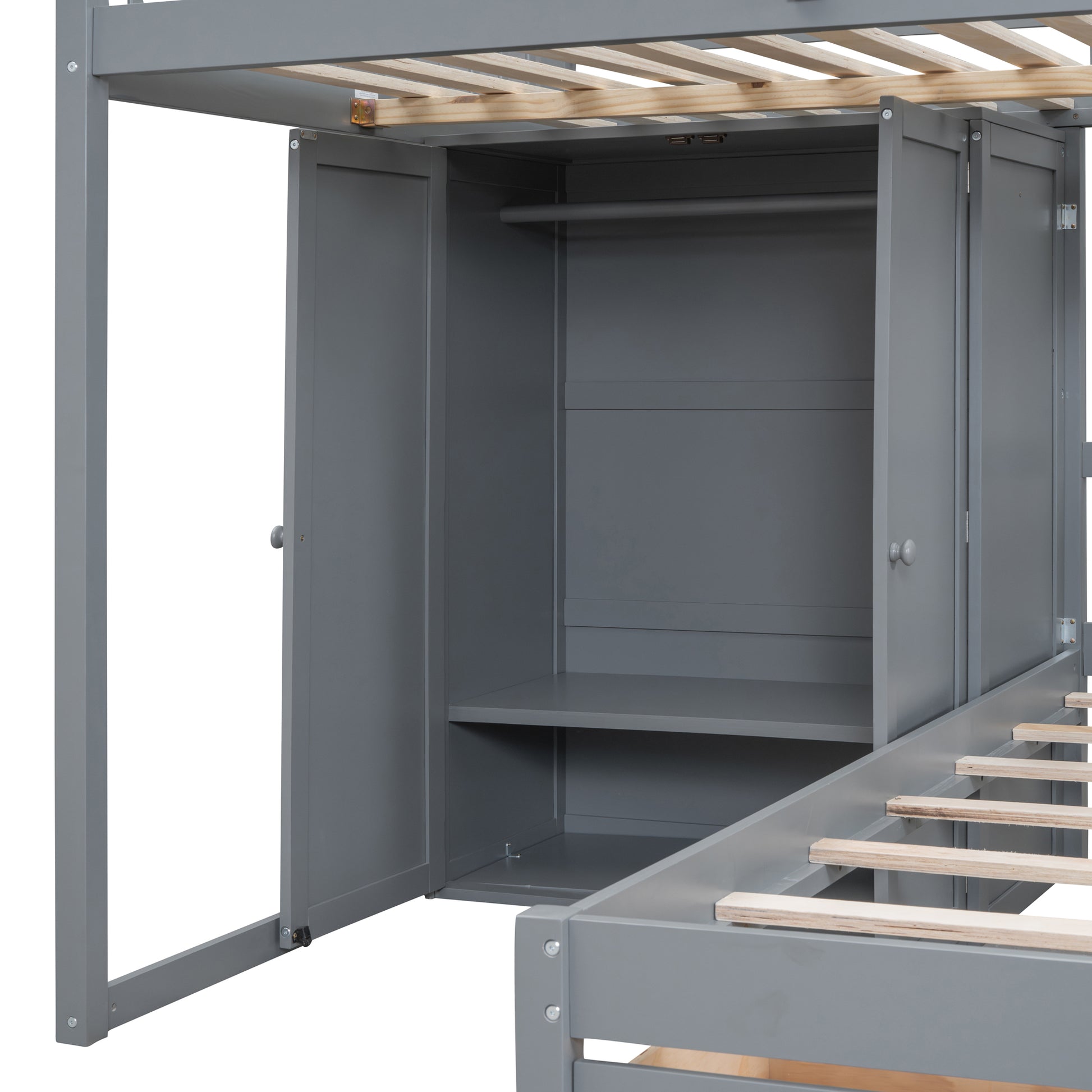 Gray bunk bed with builtin closet and hanging rod