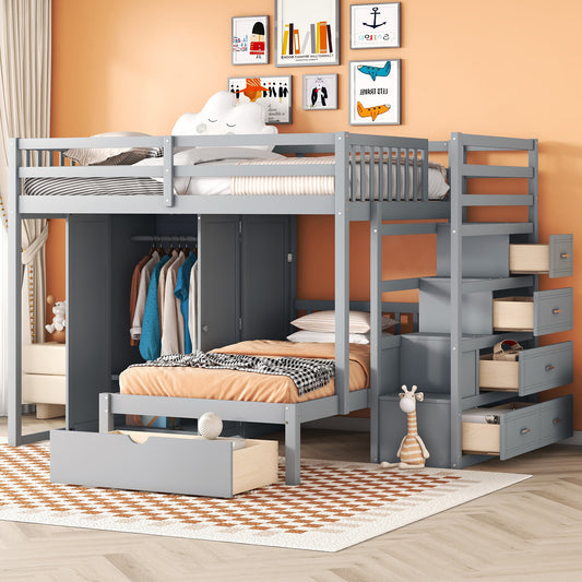 Gray wood loft bed with integrated wardrobe and stairs