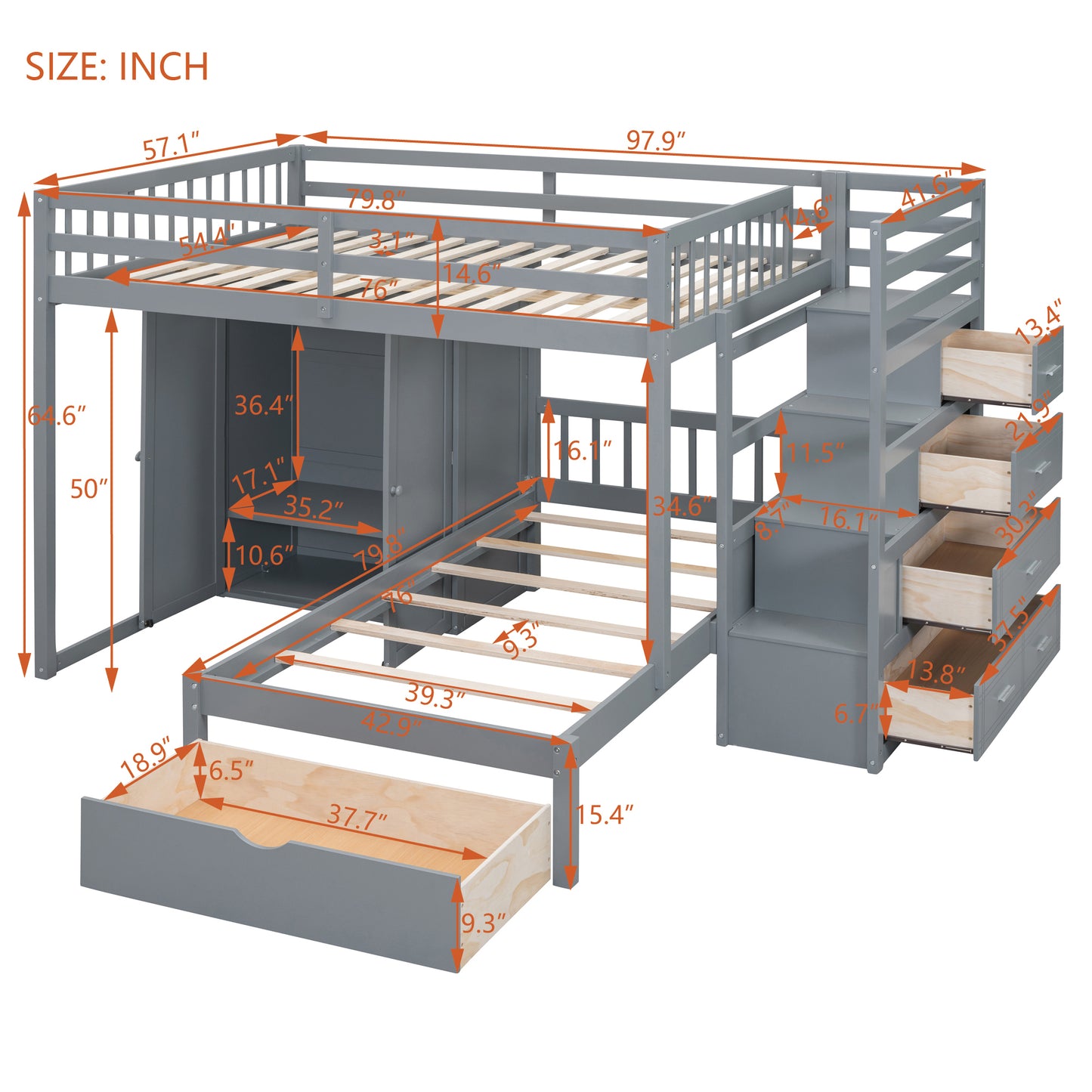 Gray twinovertwin bunk bed with stairs and storage drawers