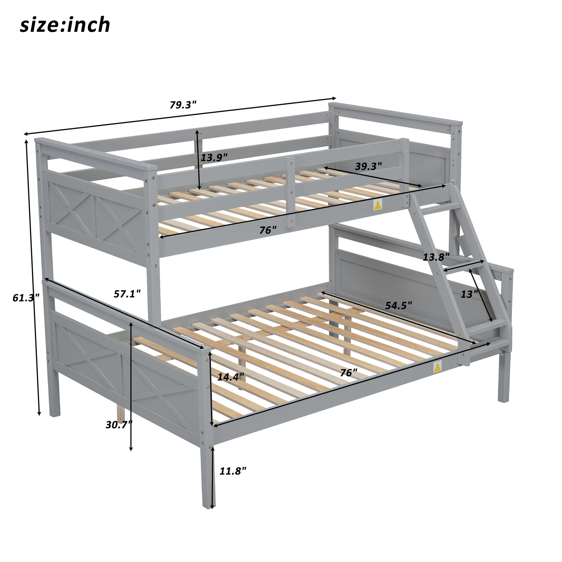 Gray wooden bunk bed with dimensions featuring Xbrace design and a ladder