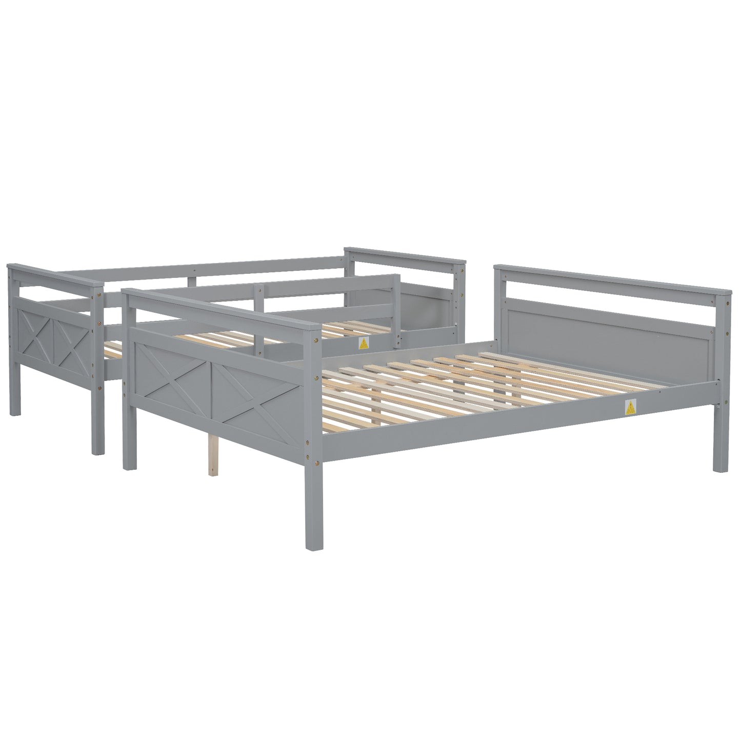 Grey twin over twin bunk bed with slatted wooden mattress support
