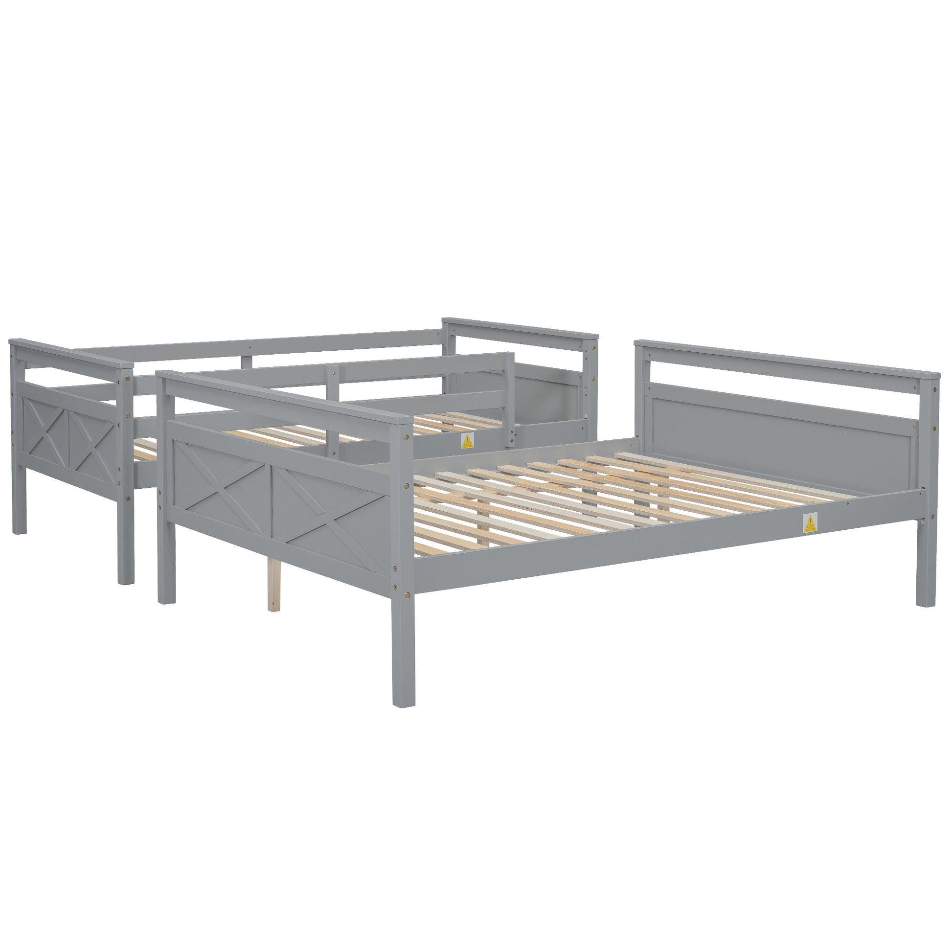 Grey twin over twin bunk bed with slatted wooden mattress support