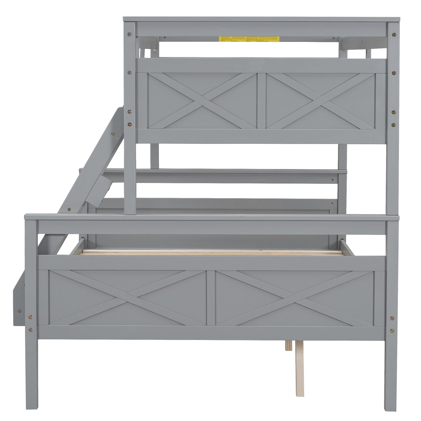 Gray wooden twin over twin bunk bed with stairs and crosshatch paneling