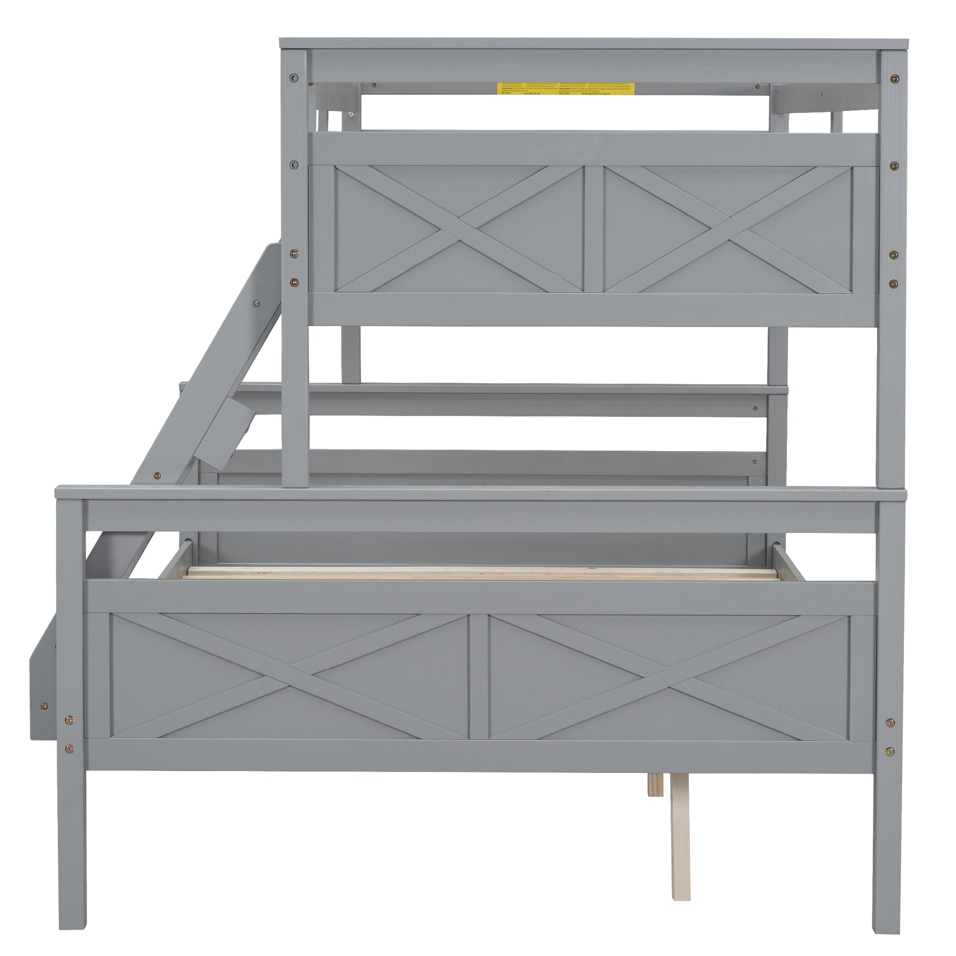 Gray wooden twin over twin bunk bed with stairs and crosshatch paneling
