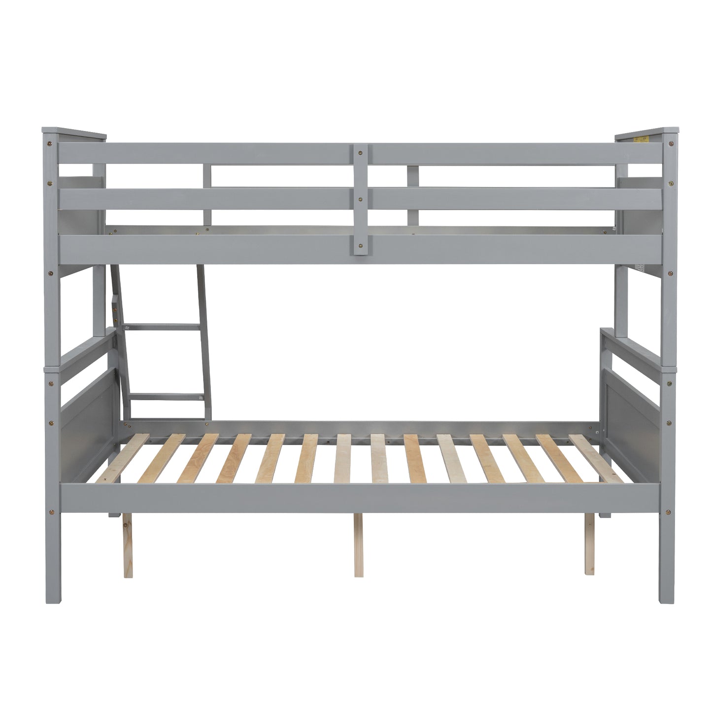 Gray wooden bunk bed with slatted mattress support