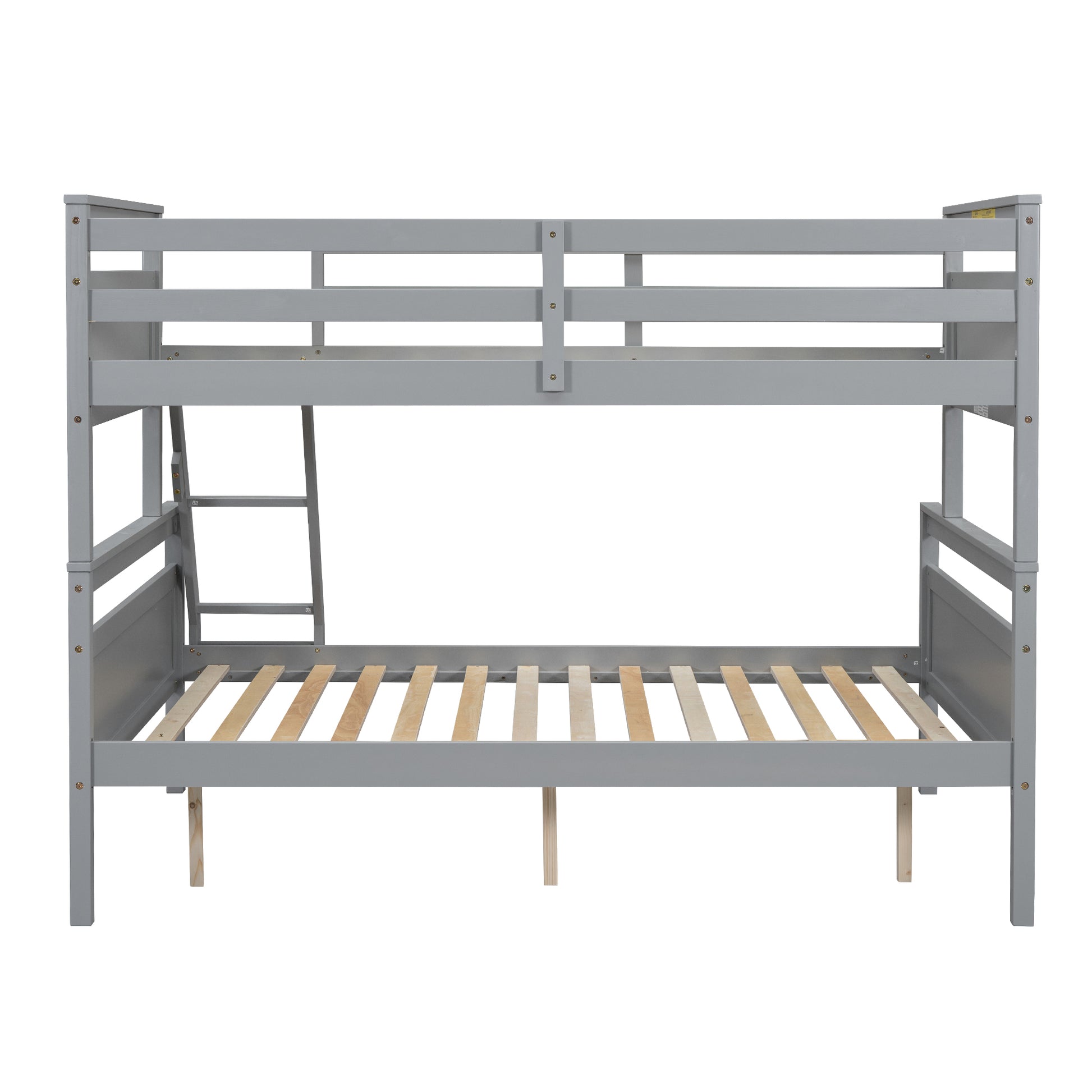 Gray wooden bunk bed with slatted mattress support