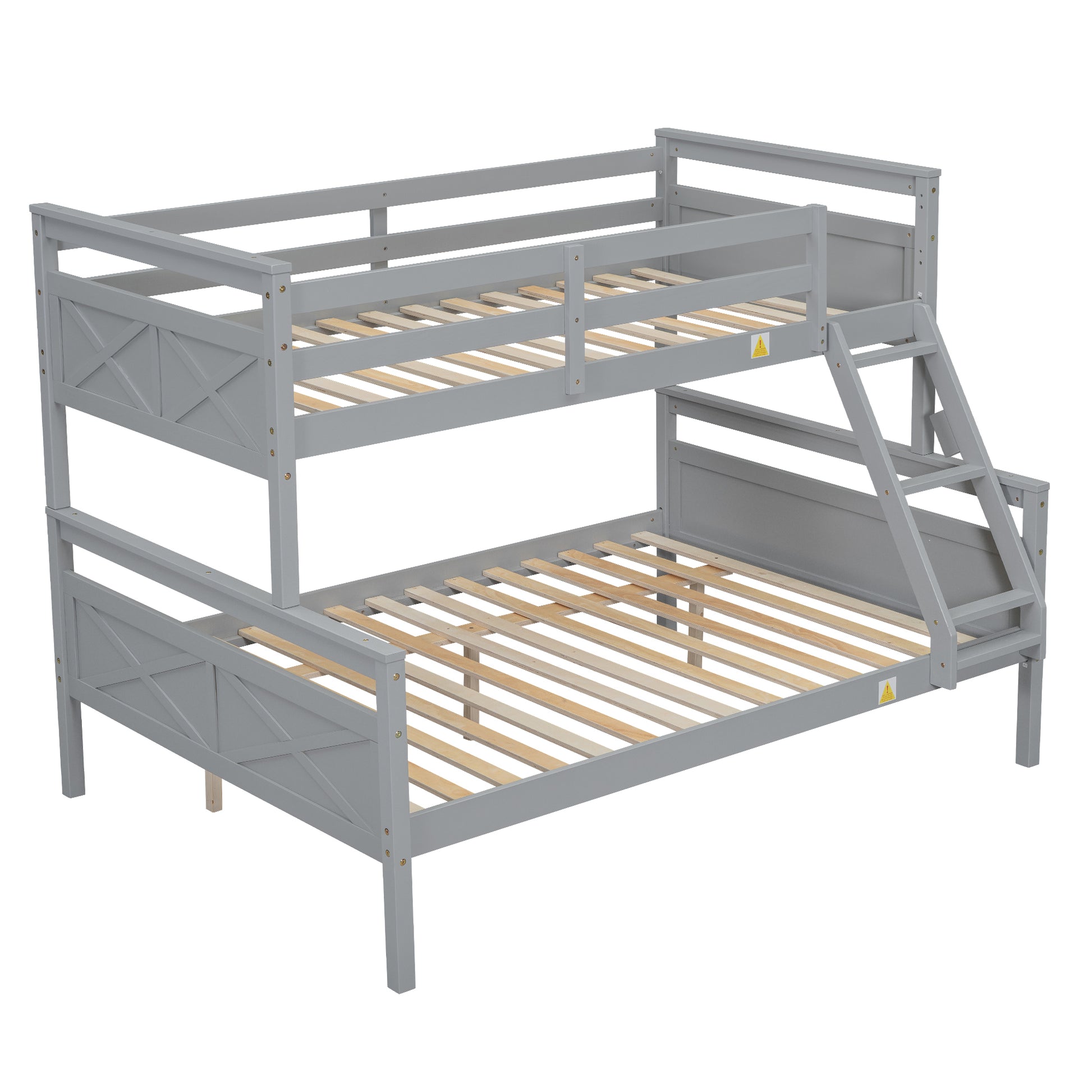 Gray twin over full bunk bed with ladder and guardrails