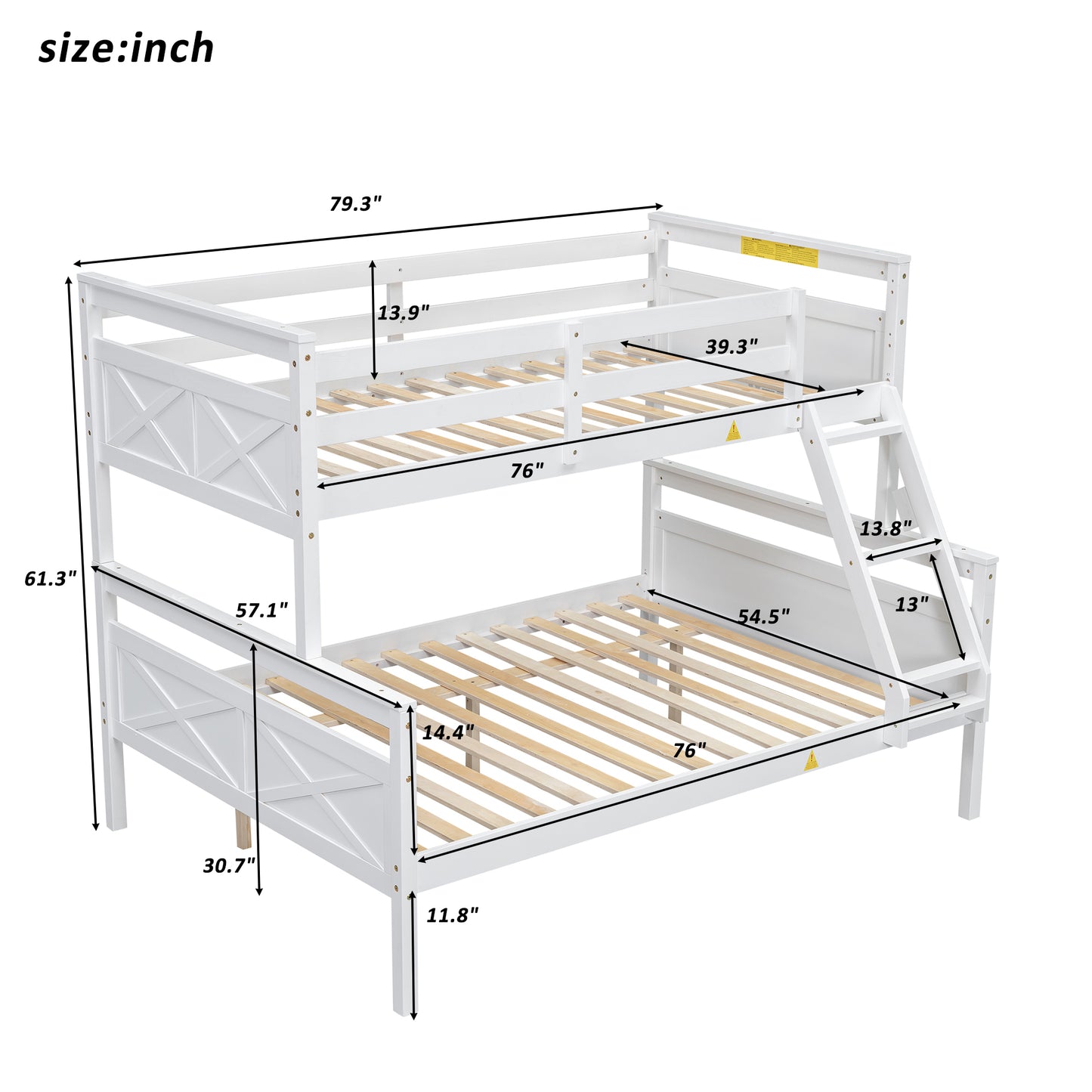 White wooden bunk bed with dimensions shown for twin size ideal for kids rooms