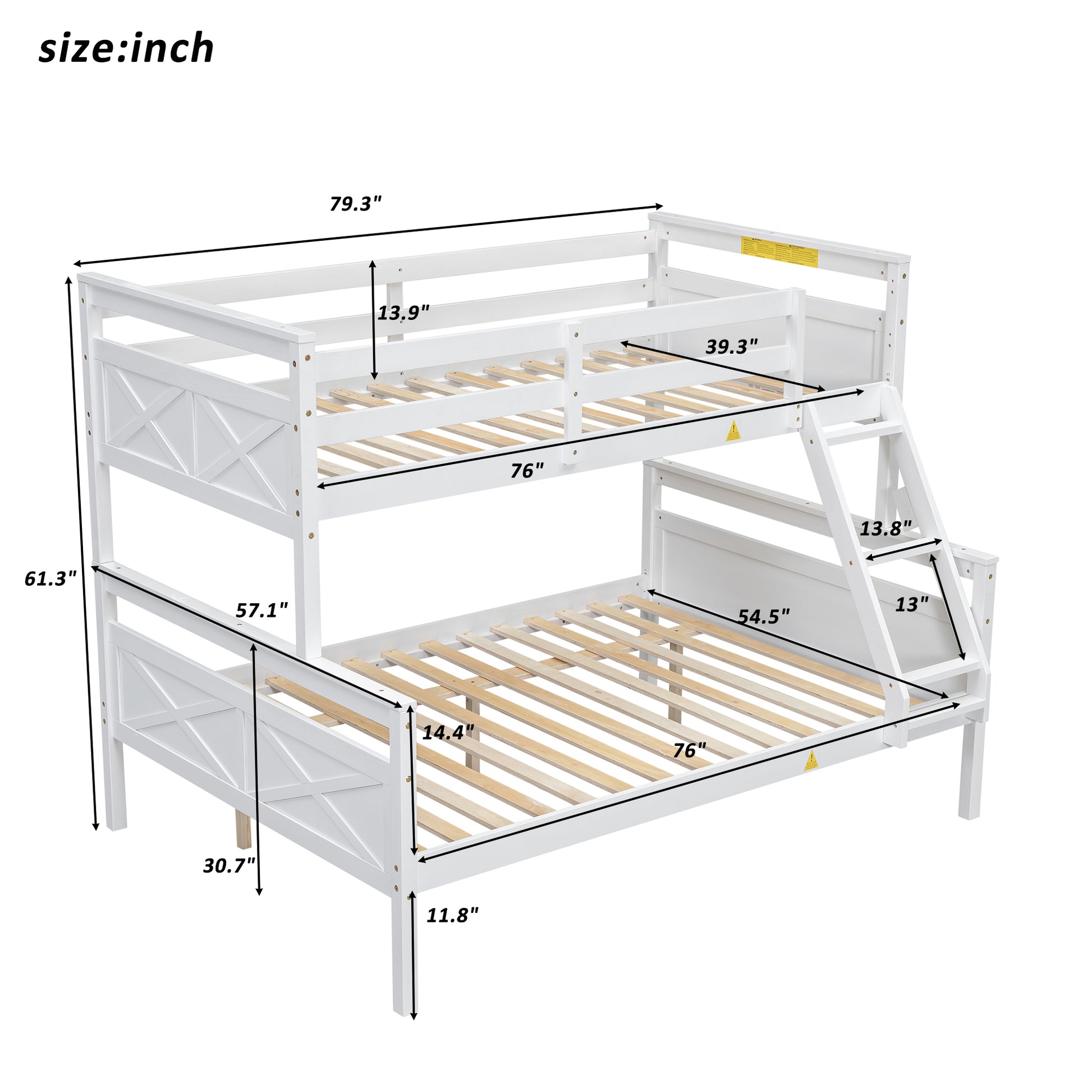 White wooden bunk bed with dimensions shown for twin size ideal for kids rooms