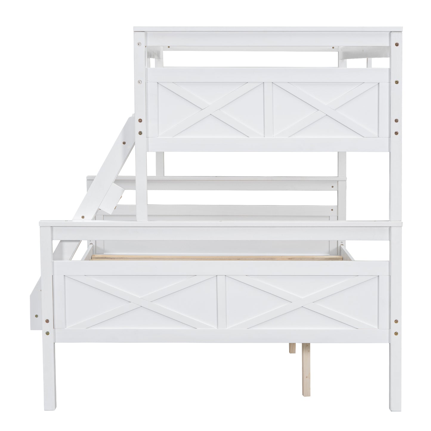 White wooden bunk bed with Xdesign headboards and integrated ladder