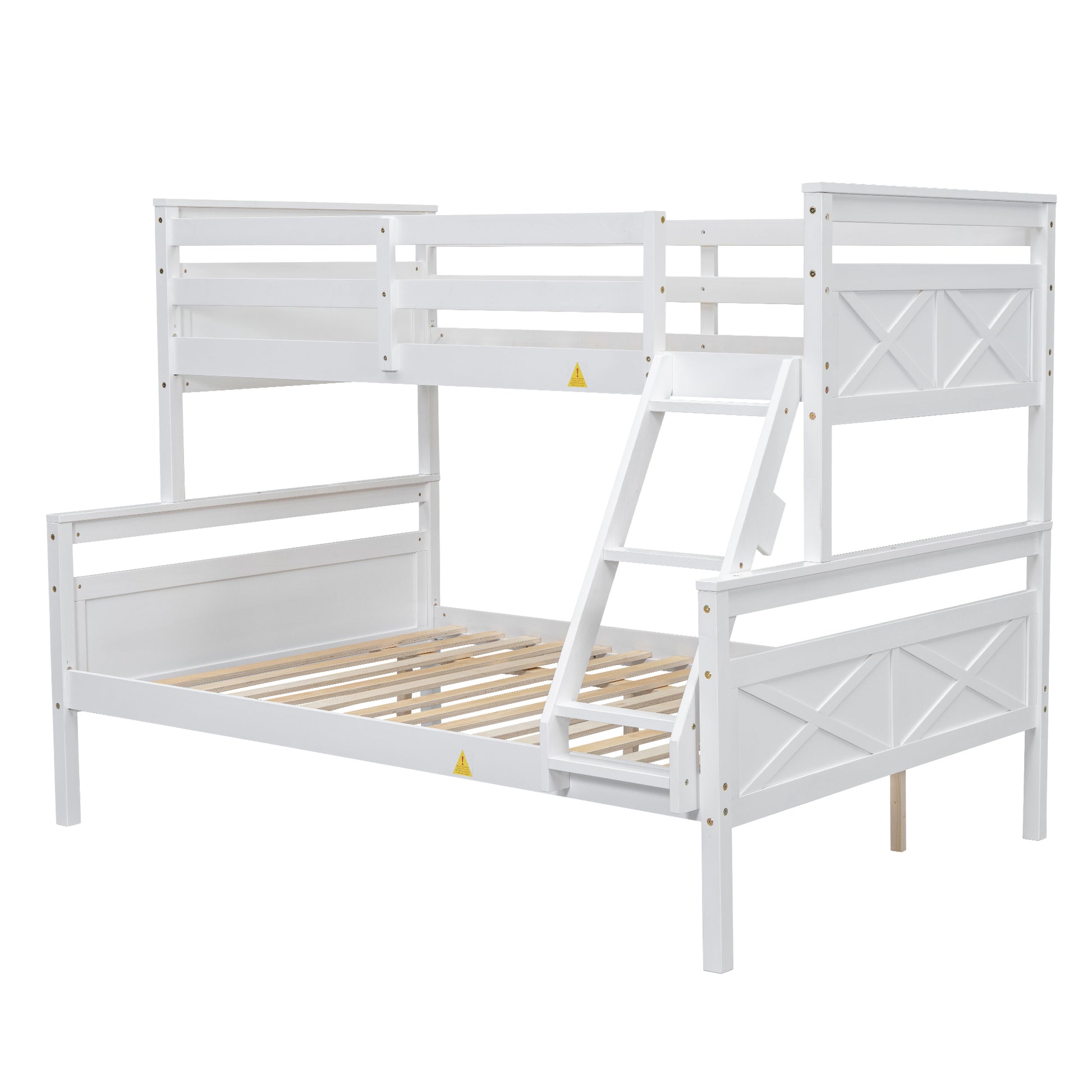 White wooden triple bunk bed with ladder