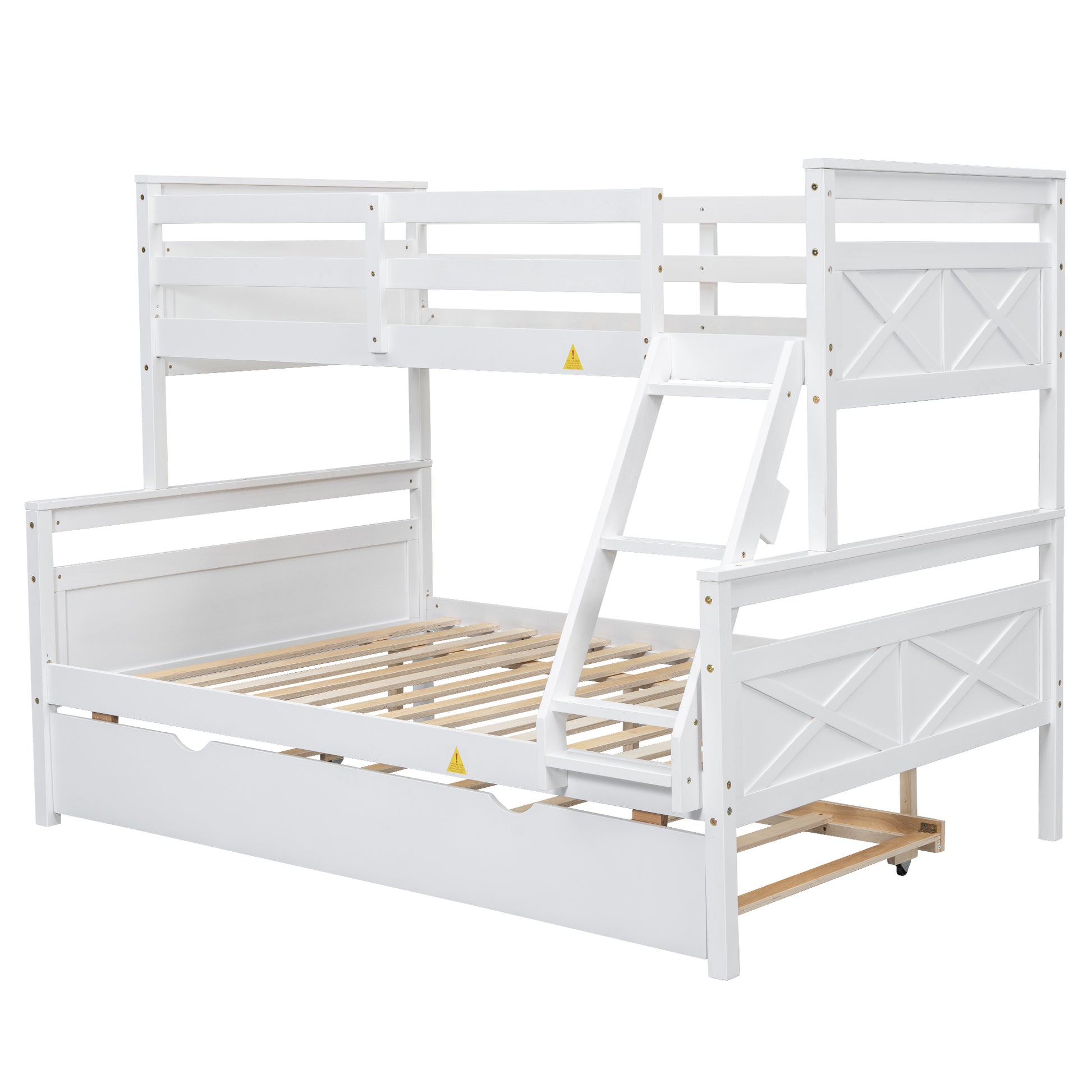 White wooden triple bunk bed with pullout trundle