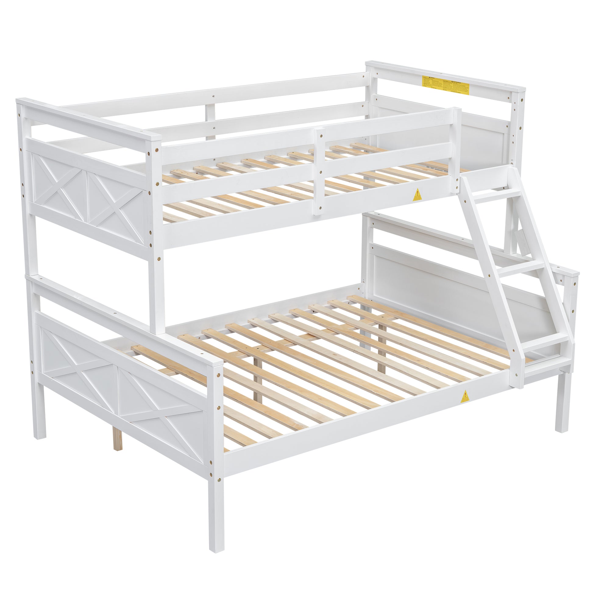 White wooden bunk bed with ladder and slatted frame