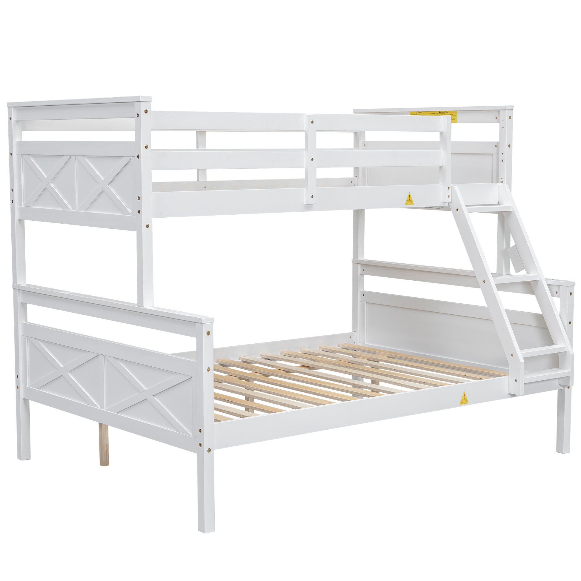 White wooden triple bunk bed with ladders