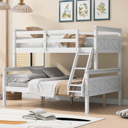White wooden twin over twin bunk bed with ladder