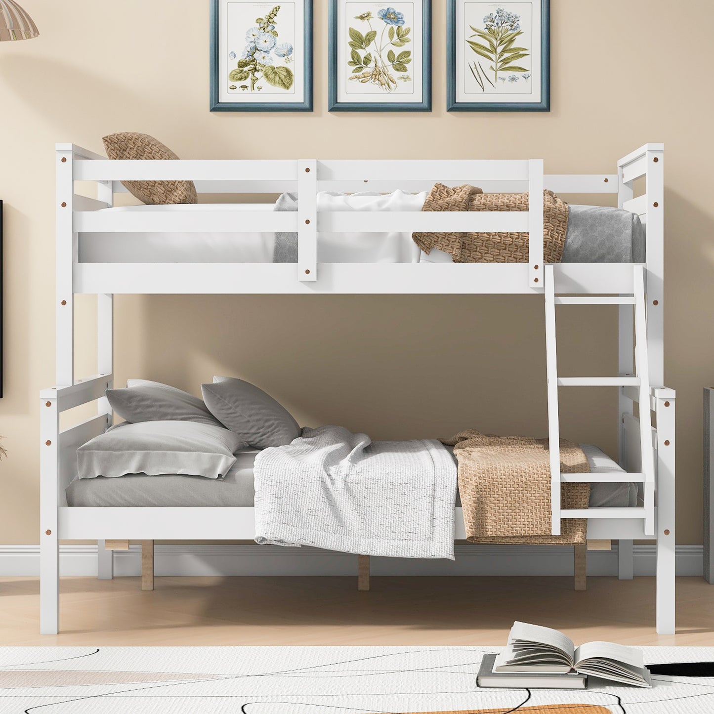 White wooden twin over twin bunk bed with ladder and bedding