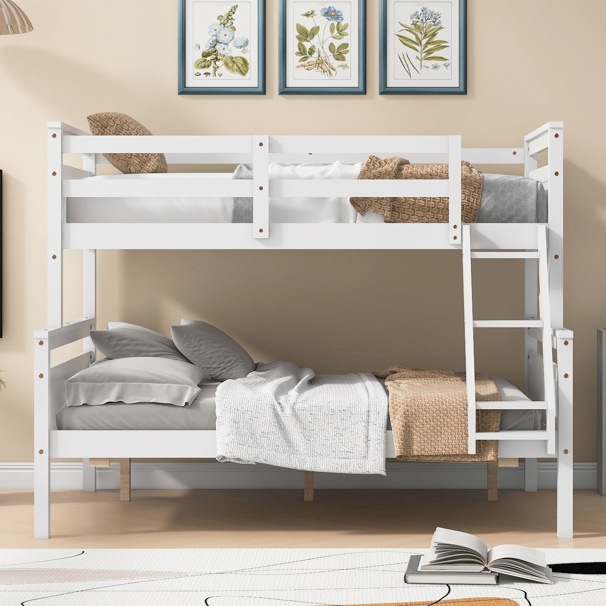 White wooden twin over twin bunk bed with ladder and bedding