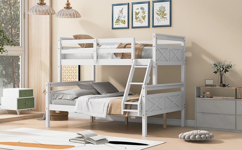 White wooden twinovertwin bunk bed with ladder and safety rails