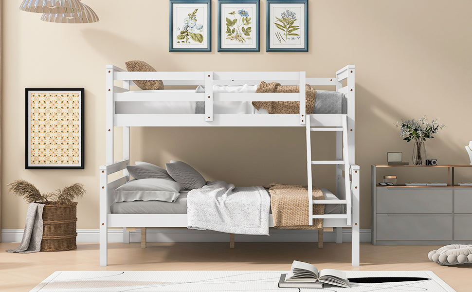 White wooden twin over twin bunk bed with ladder and bedding
