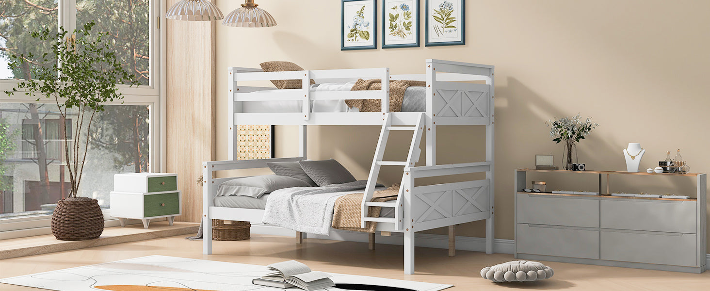 White wooden bunk bed with ladder and modern farmhouse design
