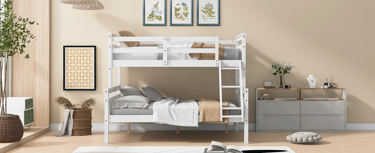 White wooden bunk bed with gray bedding and plaid throw blanket