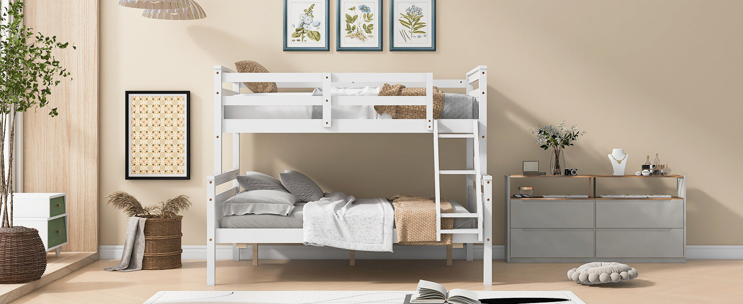 White wooden bunk bed with gray bedding and plaid throw blanket