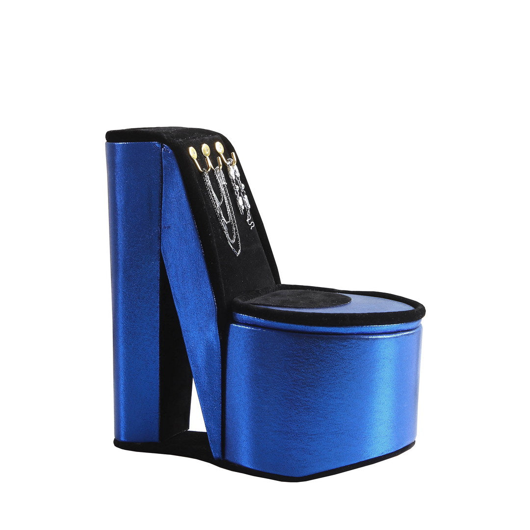 Blue metallic stiletto heel jewelry box with velvet interior and hanging necklaces