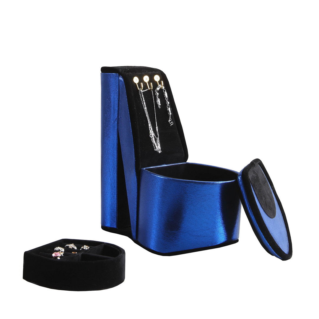 Blue metallic high heel shoe jewelry box holding necklaces and earrings