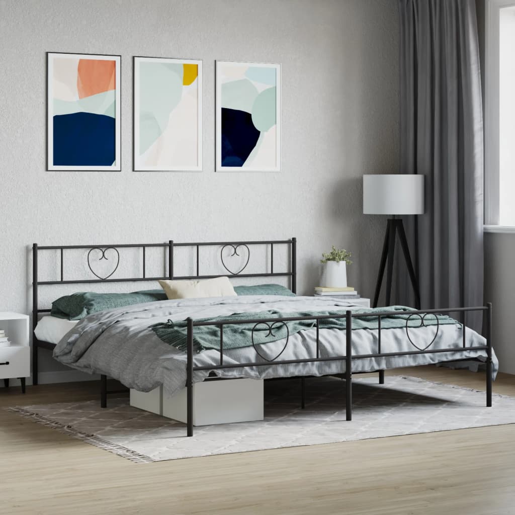 Modern metal bed frame with heart detail headboard and patterned bedding