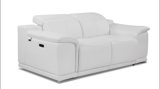 White leather dualrecliner sofa with chrome legs