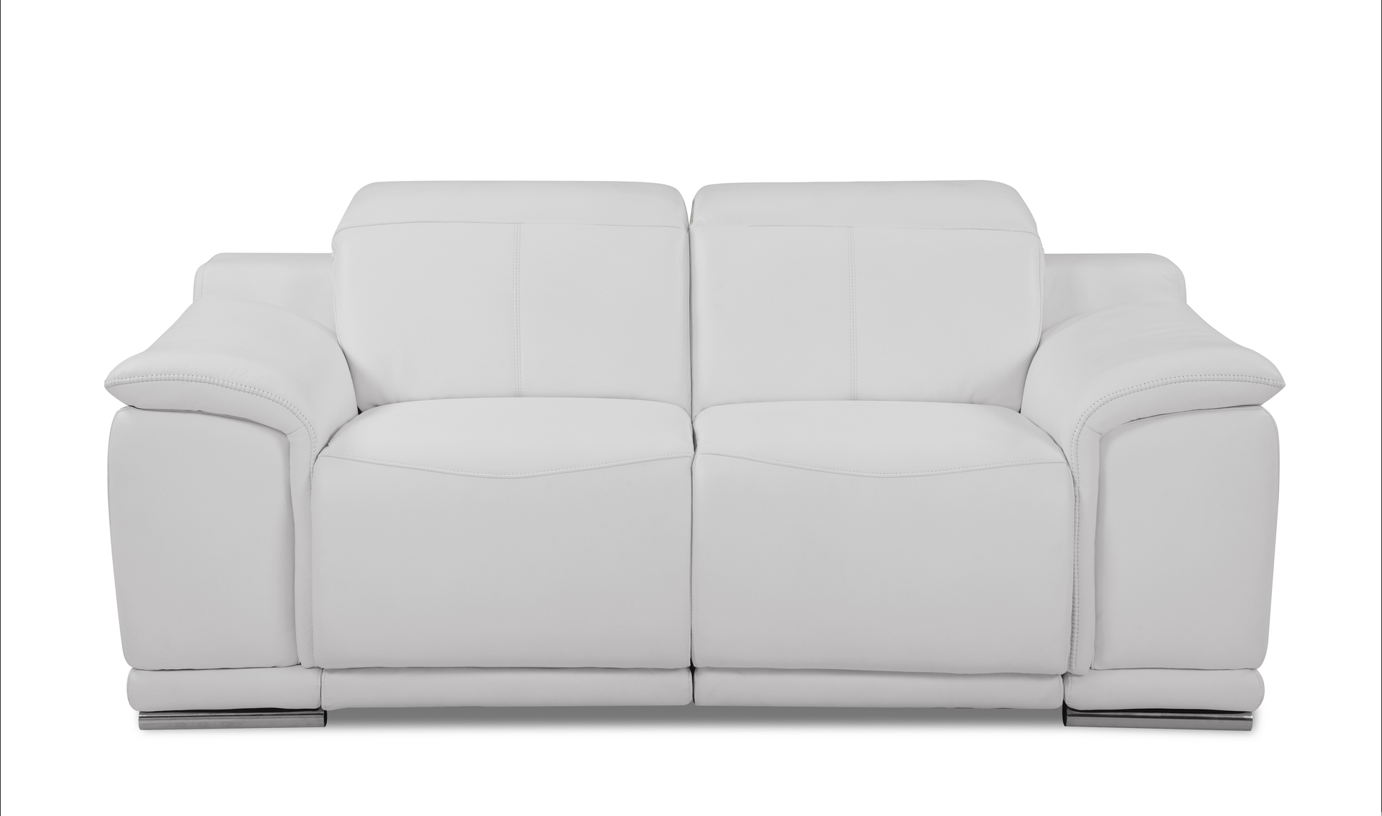 White leather twoseater sofa with polished metal legs