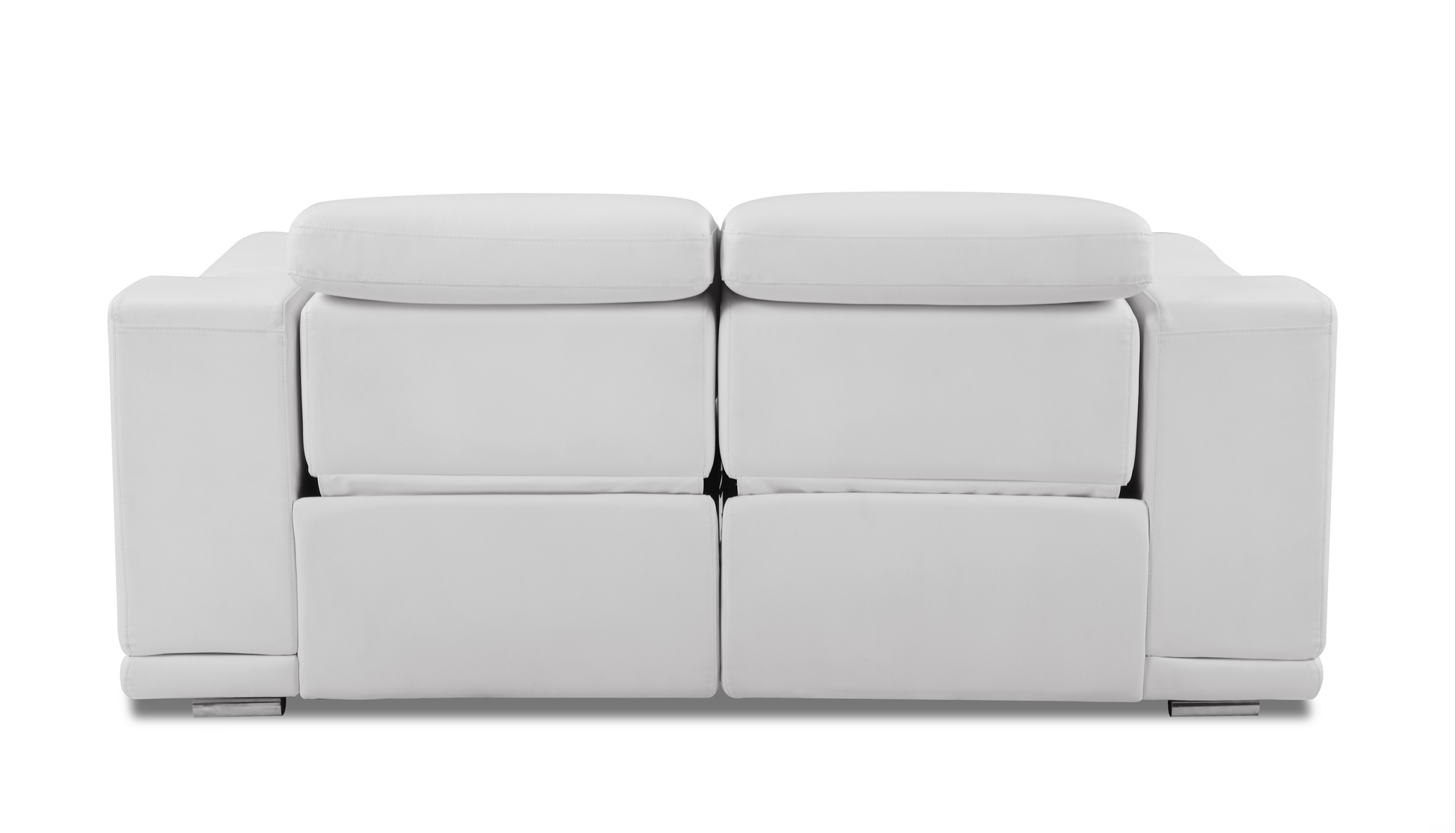 White leather twoseater sofa with adjustable headrests and modern chrome legs