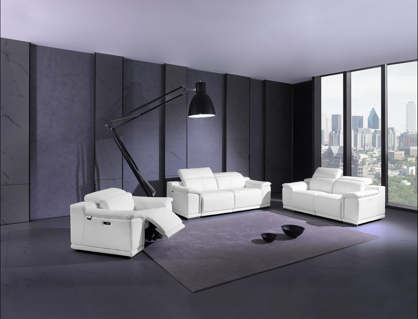 White leather power reclining sofa with adjustable headrests