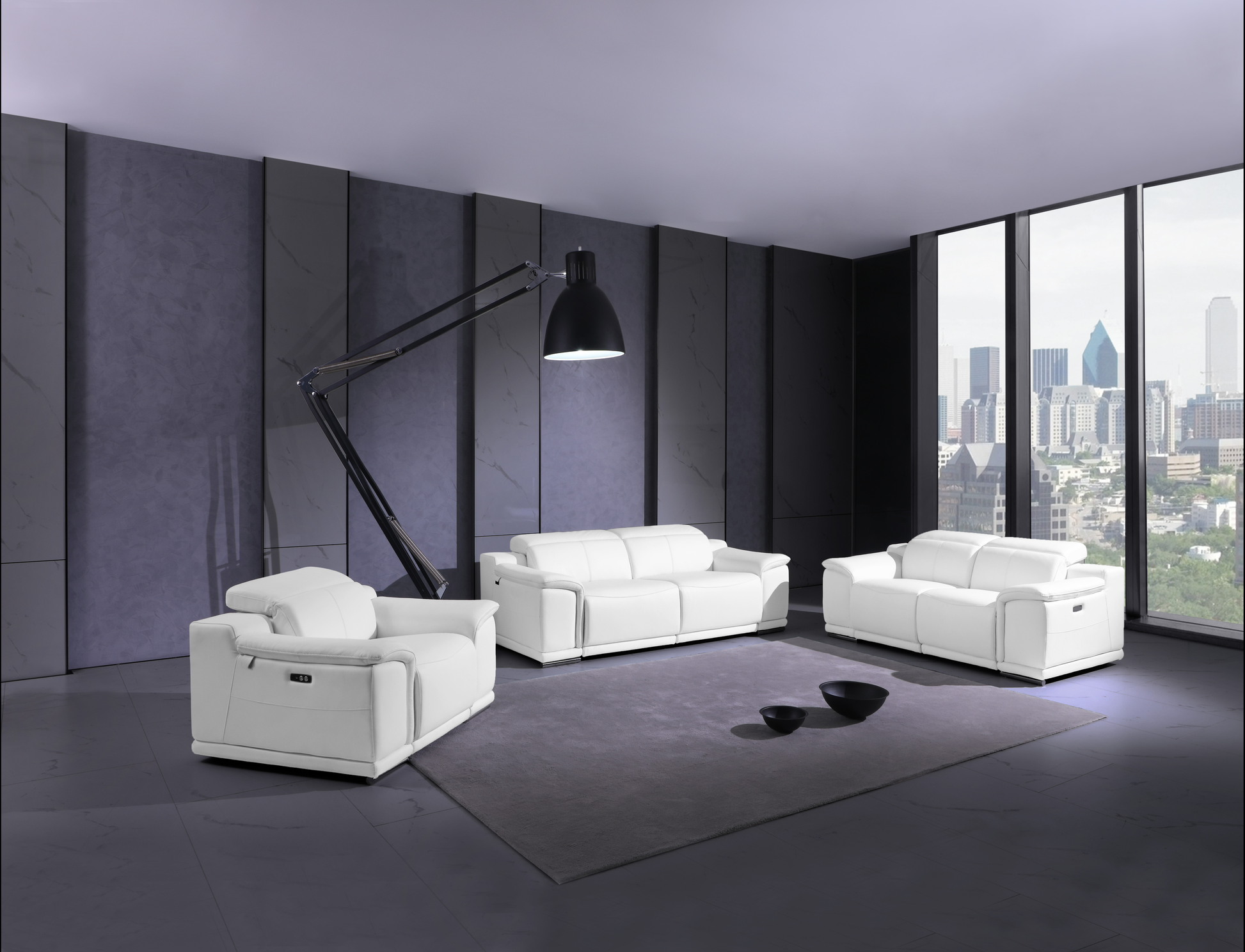 White leather recliner armchair with adjustable headrest and USB charging port